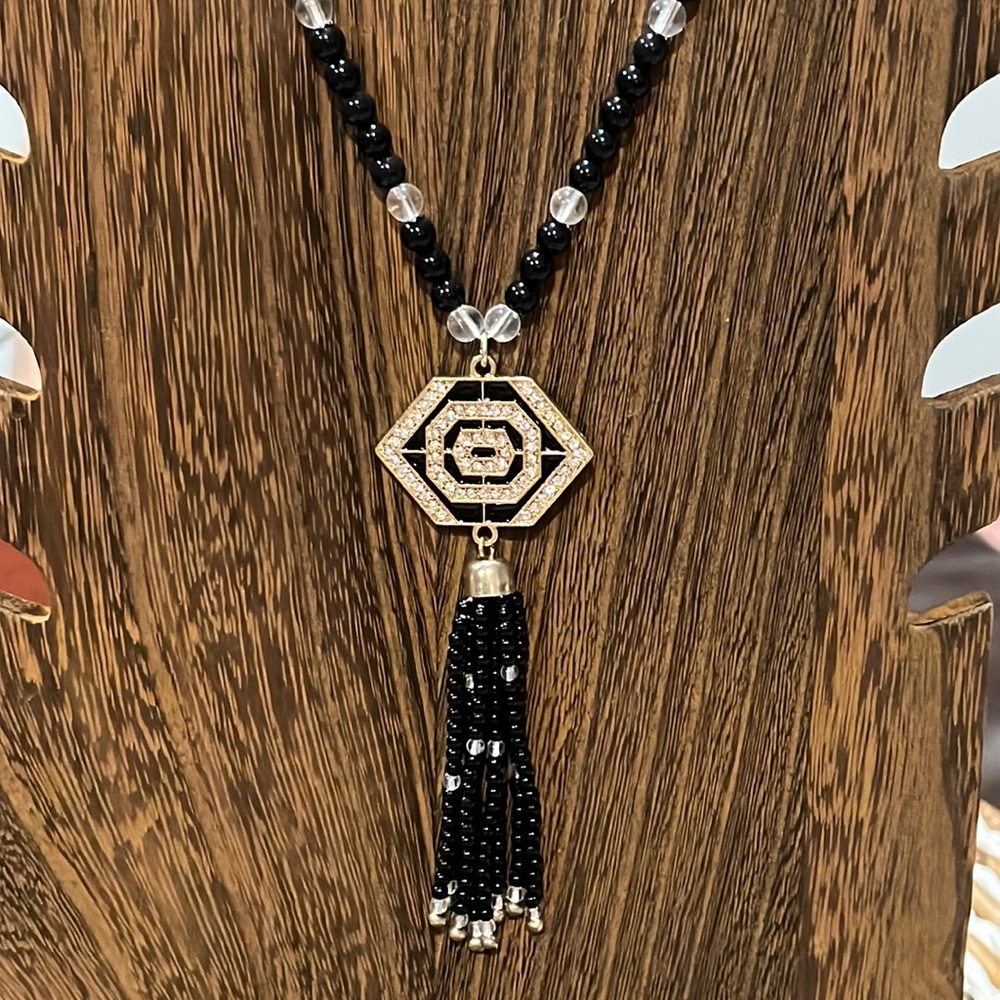 Lot 3/$18 Black/Clear Beaded Tassel Necklace - New - Lot 276
